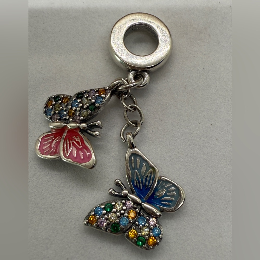 Sterling Slv Dbl Butterfly Dangle Charm w/Multicolor Enamel & Sparkling Accents